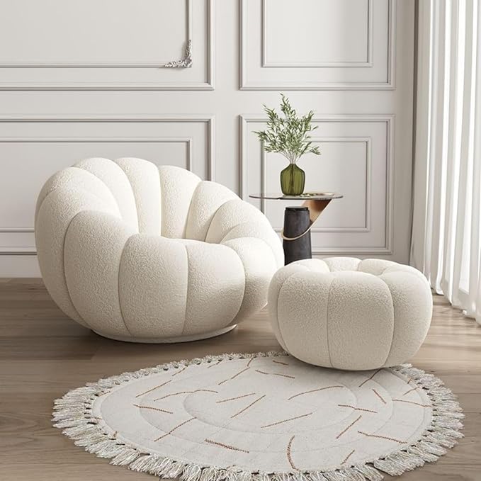 Pumpkin Swivel Accent Chair, Modern Lounge Sofa Round Barrel Chair, Wool Chair with Ottoman