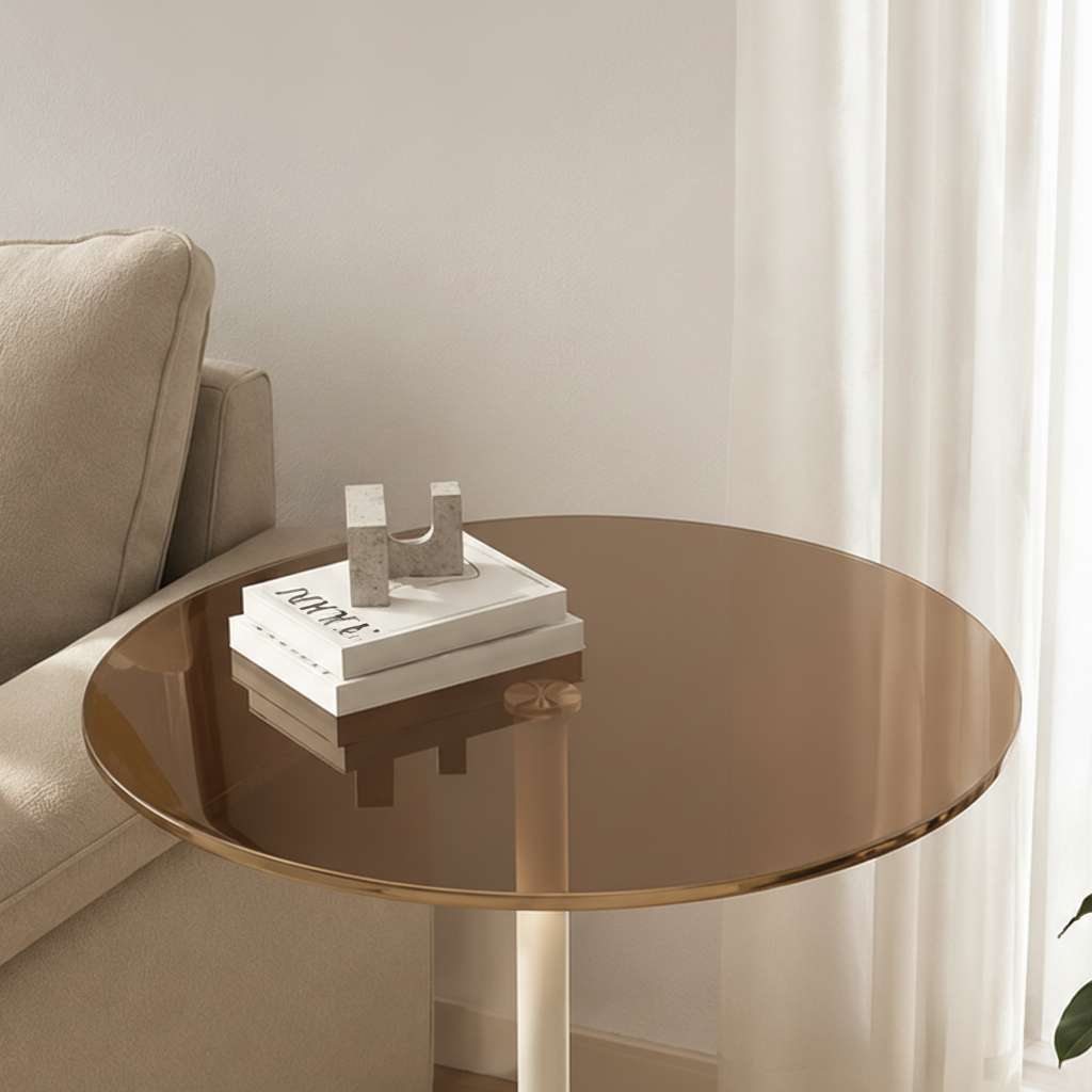 Round Glass Top Side Table, Cream Base & Tinted Brown Accent Table Multi Market World Inc.