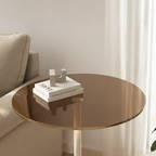 Round Glass Top Side Table, Cream Base & Tinted Brown Accent Table Multi Market World Inc.