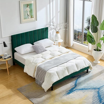Queen Size Platform Bed Frame Green VelvetBed Frame