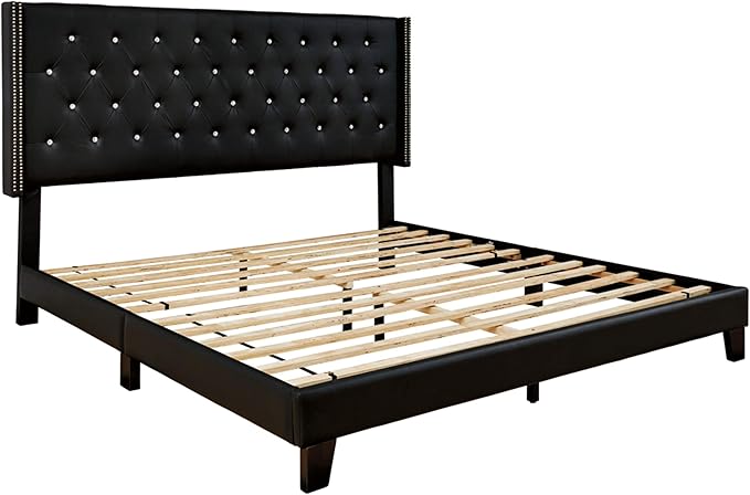 Double size Full Button-Tufted Faux Leather Platform Bed with Wingback Headboard & Nailhead Trim, Brown