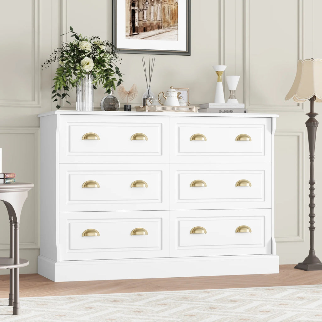 6 Drawer White Double Dresser for Bedroom, Gold Handle Drawer Chest Wood Storage Cabinet for Living Room, White Multi Market World Inc.
