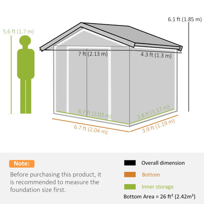 7' x 4' x 6' Garden Storage Shed Outdoor Patio Metal Tool Storage House w/ Foundation Kit and Double Doors Grey