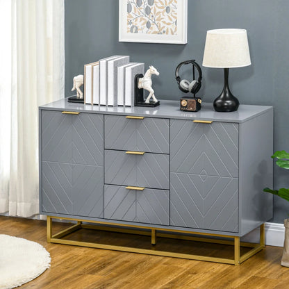 3-Drawer Sideboard, Contemporary Buffet Cabinet with 2 Door Cabinet and Adjustable Shelves, Kitchen Storage Cabinet, Steel Elevated Base Credenza, Grey