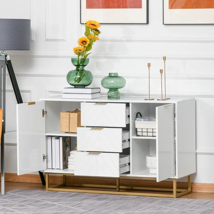 3-Drawer Sideboard, Contemporary Buffet Cabinet with 2 Door Cabinet and Adjustable Shelves, Kitchen Storage Cabinet, Steel Elevated Base Credenza, White