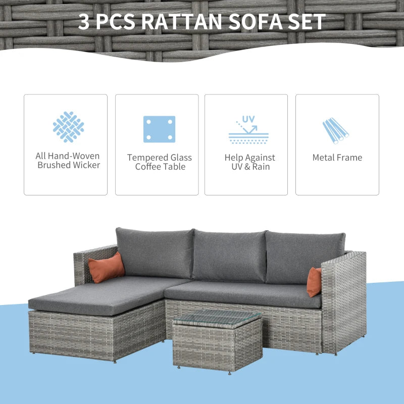 3-Piece Modern Outdoor Patio All-hand Woven Rattan Wicker Furniture Patio Coffee Table Sofa Set - Grey
