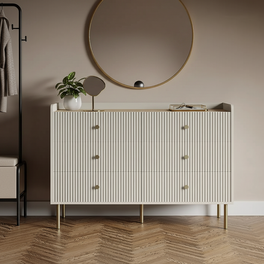 Fluted 3-Drawer Dresser with Gold Hardware & Natural Wood Top Multi Market World Inc.