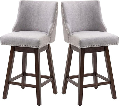 360 Degree Swivel Bar Stools, Set of 2, Armless Counter Height Kitchen Stools, Upholstered Bar Chairs with Nailhead-Trim, Wood Legs, Light Grey