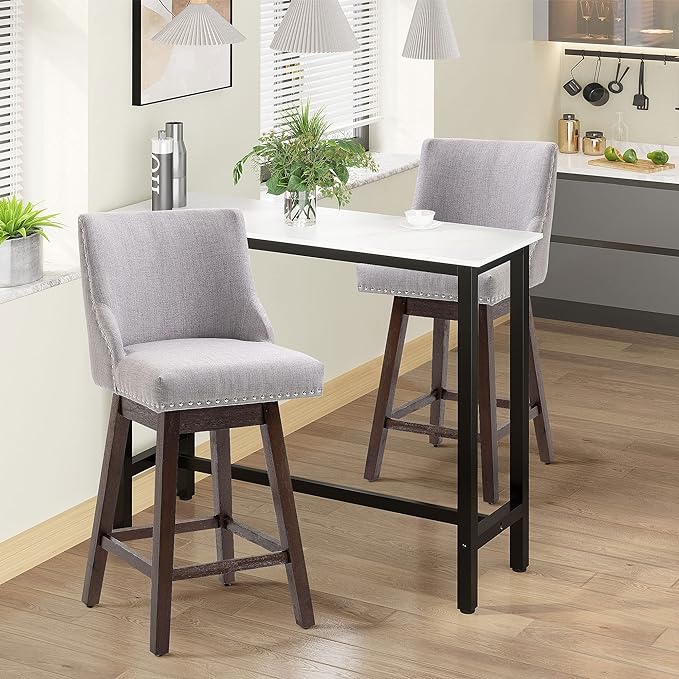 360 Degree Swivel Bar Stools, Set of 2, Armless Counter Height Kitchen Stools, Upholstered Bar Chairs with Nailhead-Trim, Wood Legs, Light Grey