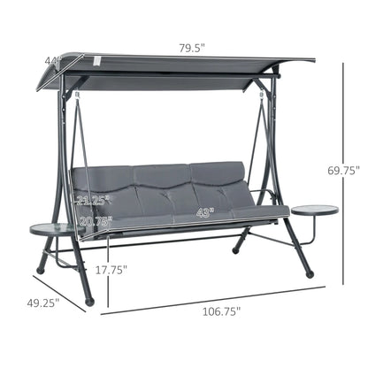 3 Seat Outdoor Swing Chair Steel Swing Bench Porch Swing With Adjustable Canopy, Coffee Tables and Cushion for Patio Garden