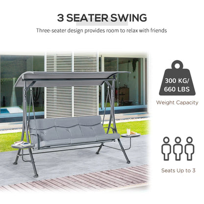 3 Seat Outdoor Swing Chair Steel Swing Bench Porch Swing With Adjustable Canopy, Coffee Tables and Cushion for Patio Garden