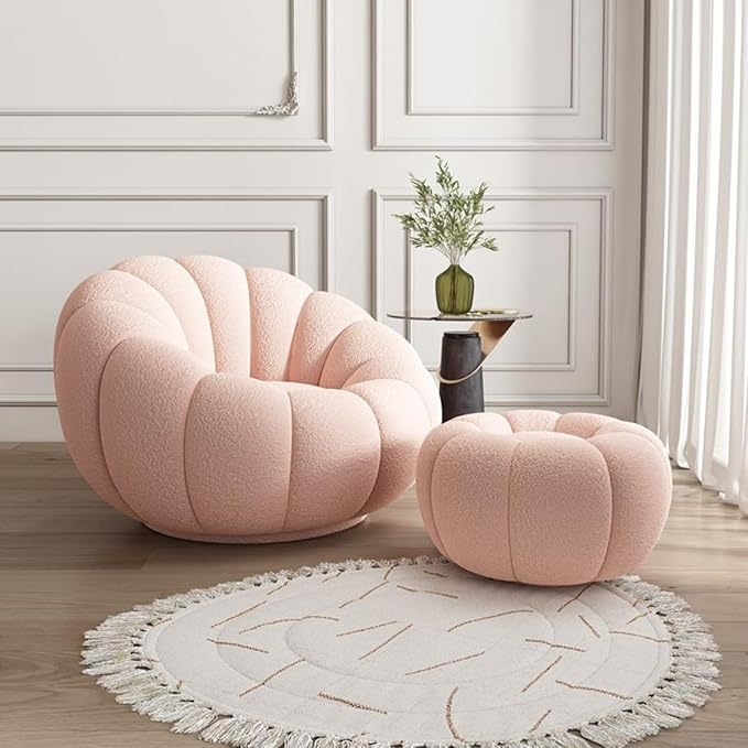Pumpkin Swivel Accent Chair, Modern Lounge Sofa Round Barrel Chair, Wool Chair with Ottoman