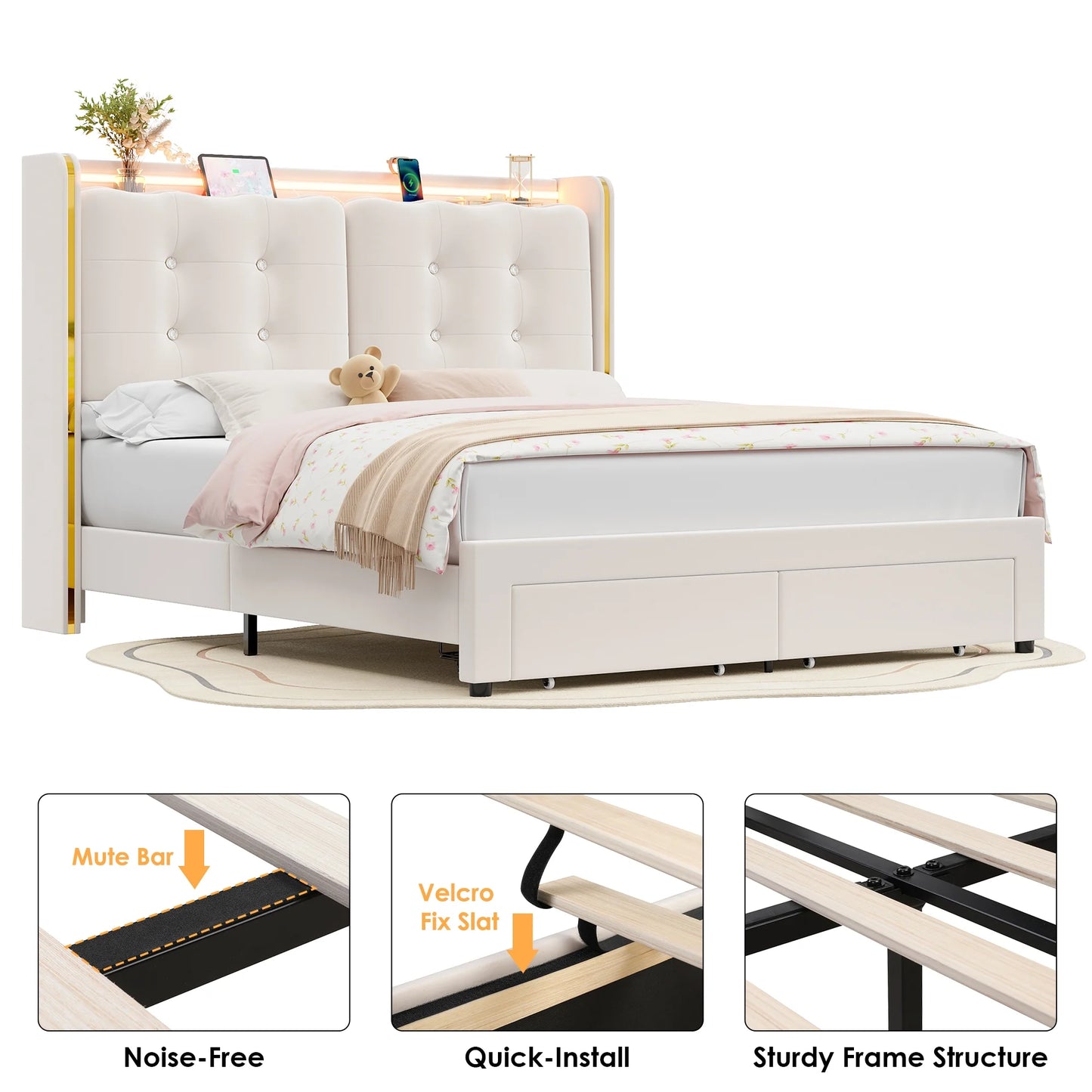 Queen Size LED Bed Frame with Drawer, Velvet Crystal Button Upholstered Platform Bed Frame with Outlets and USB Ports & Display Platform, No Box Spring Needed, Beige