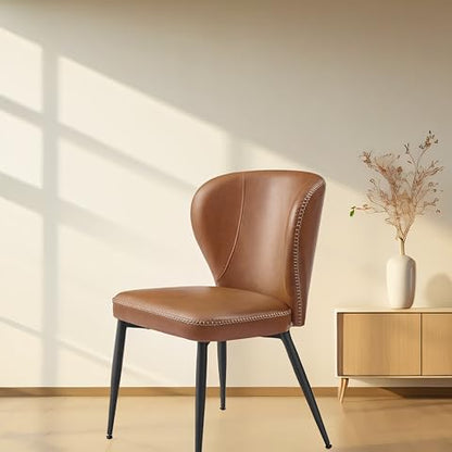 Set of 2 Upholstered Dining Chairs – Mid-Century Modern Accent Kitchen Chairs with Padded Seat, Solid Back, Synthetic Leather Upholstery, Steel Legs, Easy Assembly