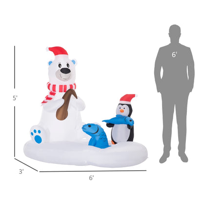 6ft Christmas Inflatable Polar Bear and Penguin with Santa's Hat Fishing on Board, Blow-Up Outdoor LED Yard Display for Lawn Garden Party