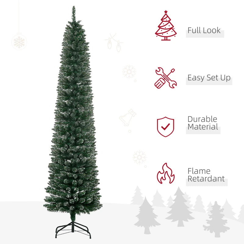 7.5FT Artificial Snow Dipped Christmas Tree Xmas Pencil Tree Holiday Home Indoor Decoration with Foldable Black Stand, Green