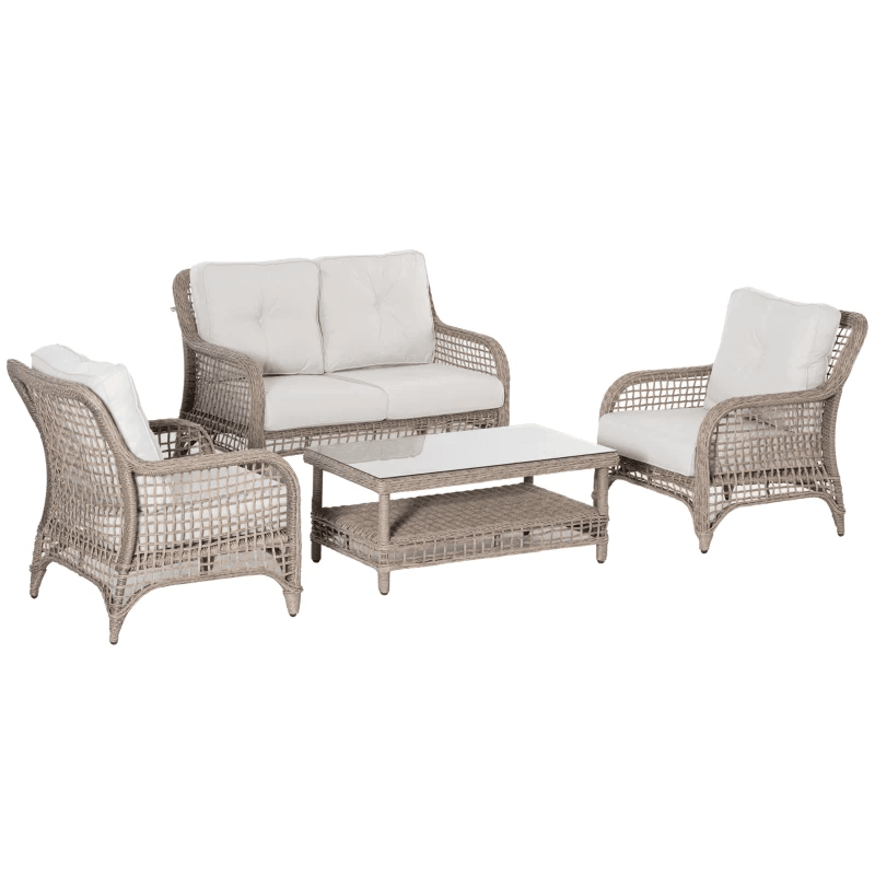 4 Pieces Luxury Wicker Patio Furniture Set with Thick Cushions, Outdoor Round PE Rattan Aluminum Frame Conversation Set w/ Two-Tier Glass Top Table, Full Assembled, Cream White