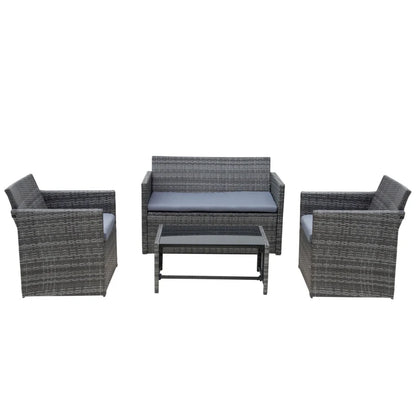 4 Pieces Patio Furniture Set with Cushions, Outdoor PE Rattan Wicker Conversation Garden Sofa Set with 2-Seater Chairs & Glass Coffee Table, Grey