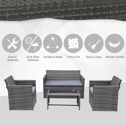 4 Pieces Patio Furniture Set with Cushions, Outdoor PE Rattan Wicker Conversation Garden Sofa Set with 2-Seater Chairs & Glass Coffee Table, Grey