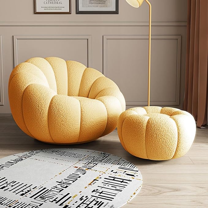 Pumpkin Swivel Accent Chair, Modern Lounge Sofa Round Barrel Chair, Wool Chair with Ottoman