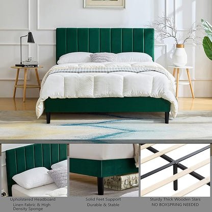 Queen Size Platform Bed Frame Green VelvetBed Frame