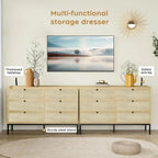 6 Drawer Rattan Dresser for Bedroom, 47" Boho Wide Chest of Drawers with Natural Hand-Woven Rattan Doors (fd) Multi Market World Inc.