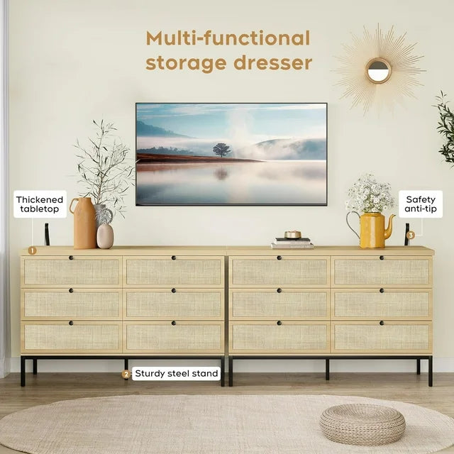 6 Drawer Rattan Dresser for Bedroom, 47" Boho Wide Chest of Drawers with Natural Hand-Woven Rattan Doors (fd) Multi Market World Inc.