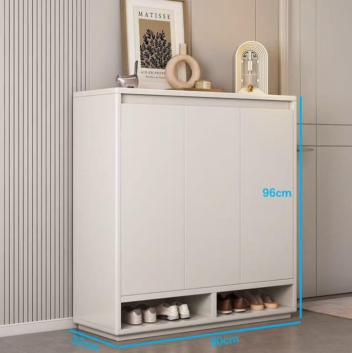 Shoe Storage Cabinet, 90 cm Wide, 3 Doors with Open Shelf, White, Minimalist Entryway Organizer, White Multi Market World Inc.