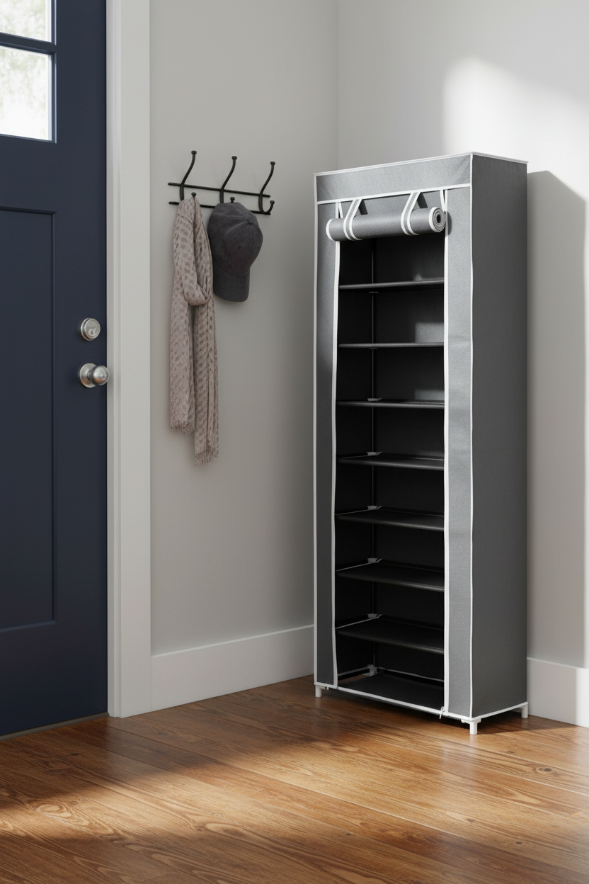 Fabric Shoe Cabinet with Cover,  162 x 57 x 29 cm, Grey Multi Market World Inc.