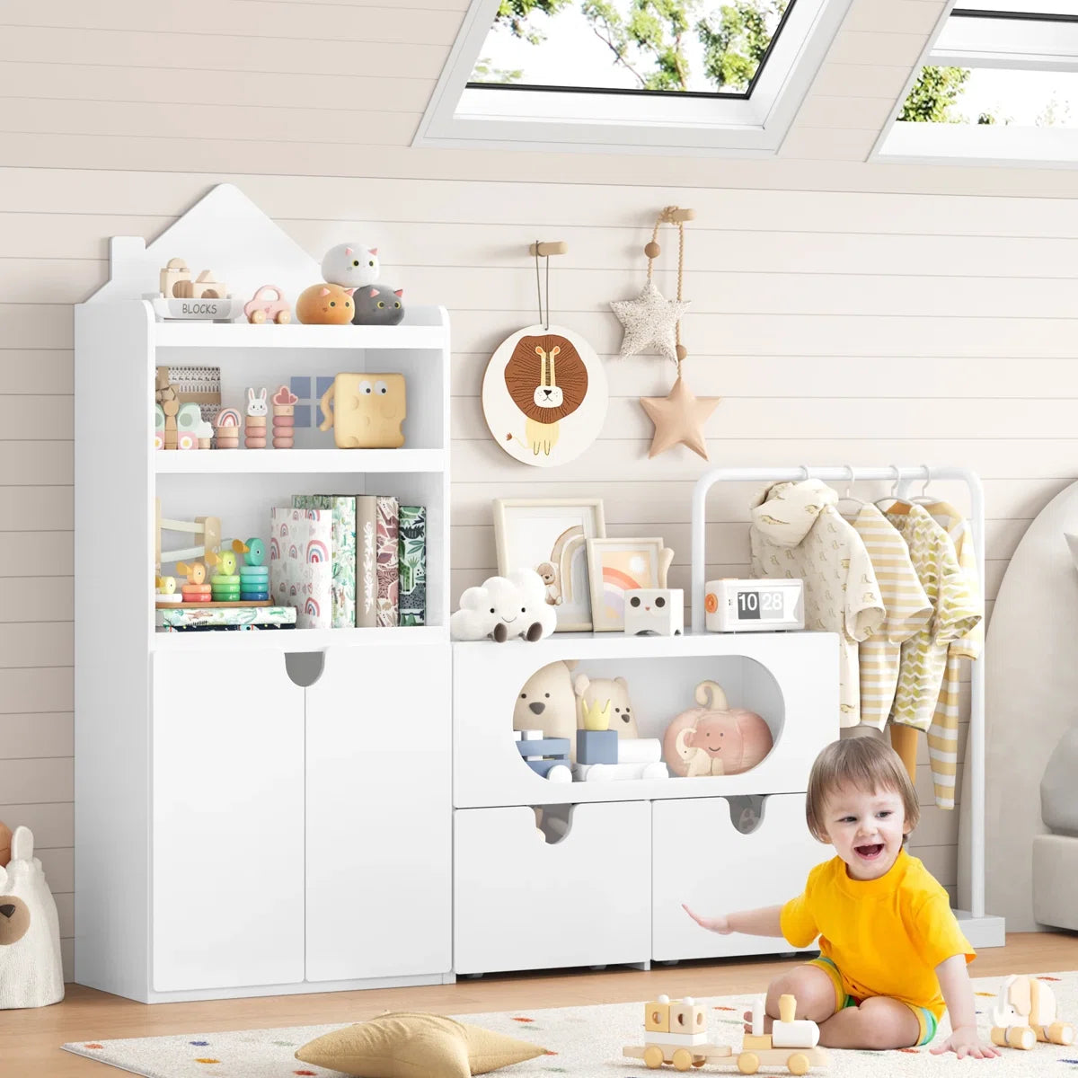 White Kids Bookcases /Cabinets With 2 Drawers, Castle Roof, 55.9'' H X 69.1'' W