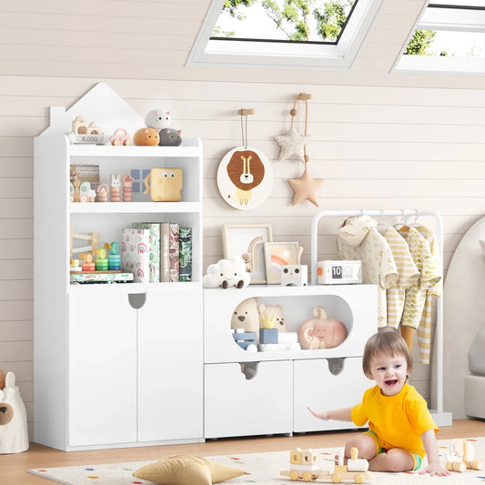 White Kids Bookcases /Cabinets With 2 Drawers, Castle Roof, 55.9'' H X 69.1'' W
