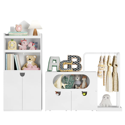 White Kids Bookcases /Cabinets With 2 Drawers, Castle Roof, 55.9'' H X 69.1'' W