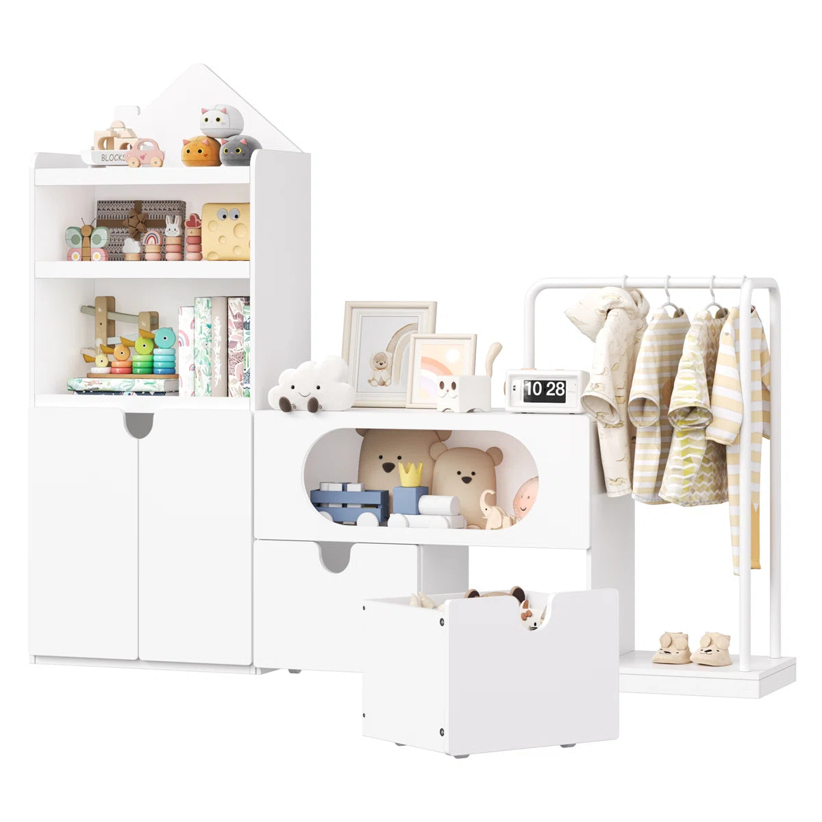 White Kids Bookcases /Cabinets With 2 Drawers, Castle Roof, 55.9'' H X 69.1'' W