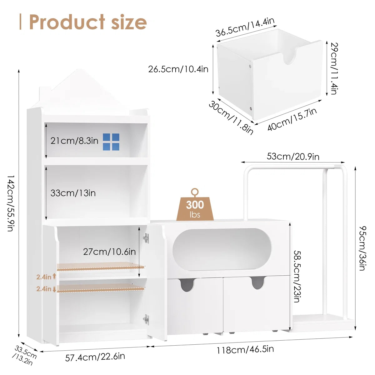 White Kids Bookcases /Cabinets With 2 Drawers, Castle Roof, 55.9'' H X 69.1'' W Multi Market World Inc.
