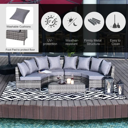 5PC Patio Furniture Set Outdoor Garden Rattan Wicker Sofa Cushioned Half-Moon Seat Deck with Pillow, Table, Grey