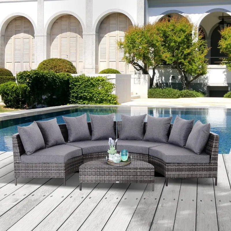 5PC Patio Furniture Set Outdoor Garden Rattan Wicker Sofa Cushioned Half-Moon Seat Deck with Pillow, Table, Grey