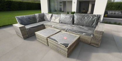 5-Seater Grey Rattan Outdoor Corner Patio Set with Cushions & 2 Ottomans – Sectional Sofa