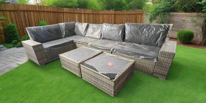 5-Seater Grey Rattan Outdoor Corner Patio Set with Cushions & 2 Ottomans – Sectional Sofa