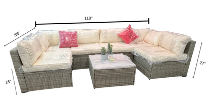 7-Piece Grey Rattan Outdoor Patio Sectional Sofa with Coffee Table & Cushions