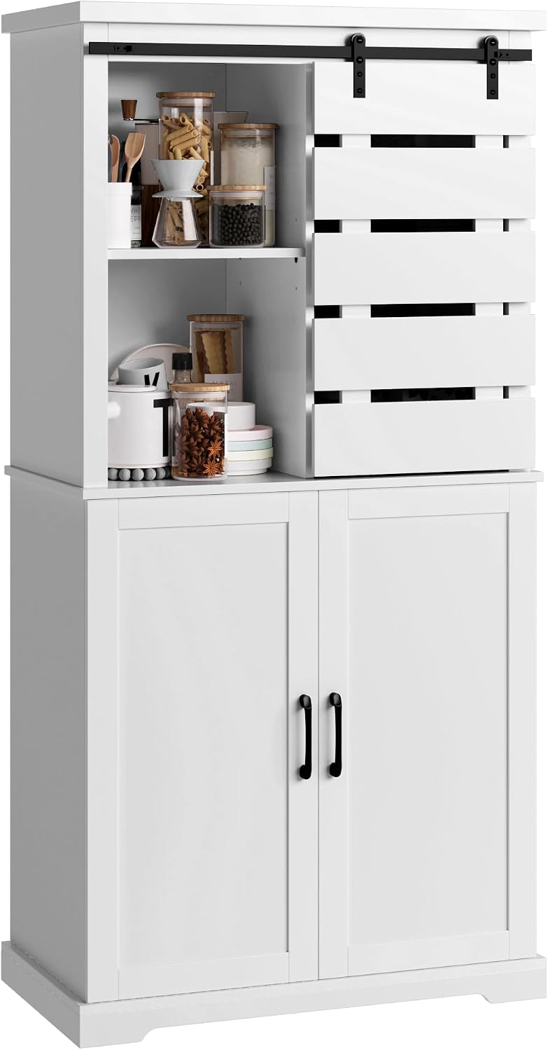 63.5" White Kitchen Pantry Cabinet with Sliding Barn Door Multi Market World Inc.
