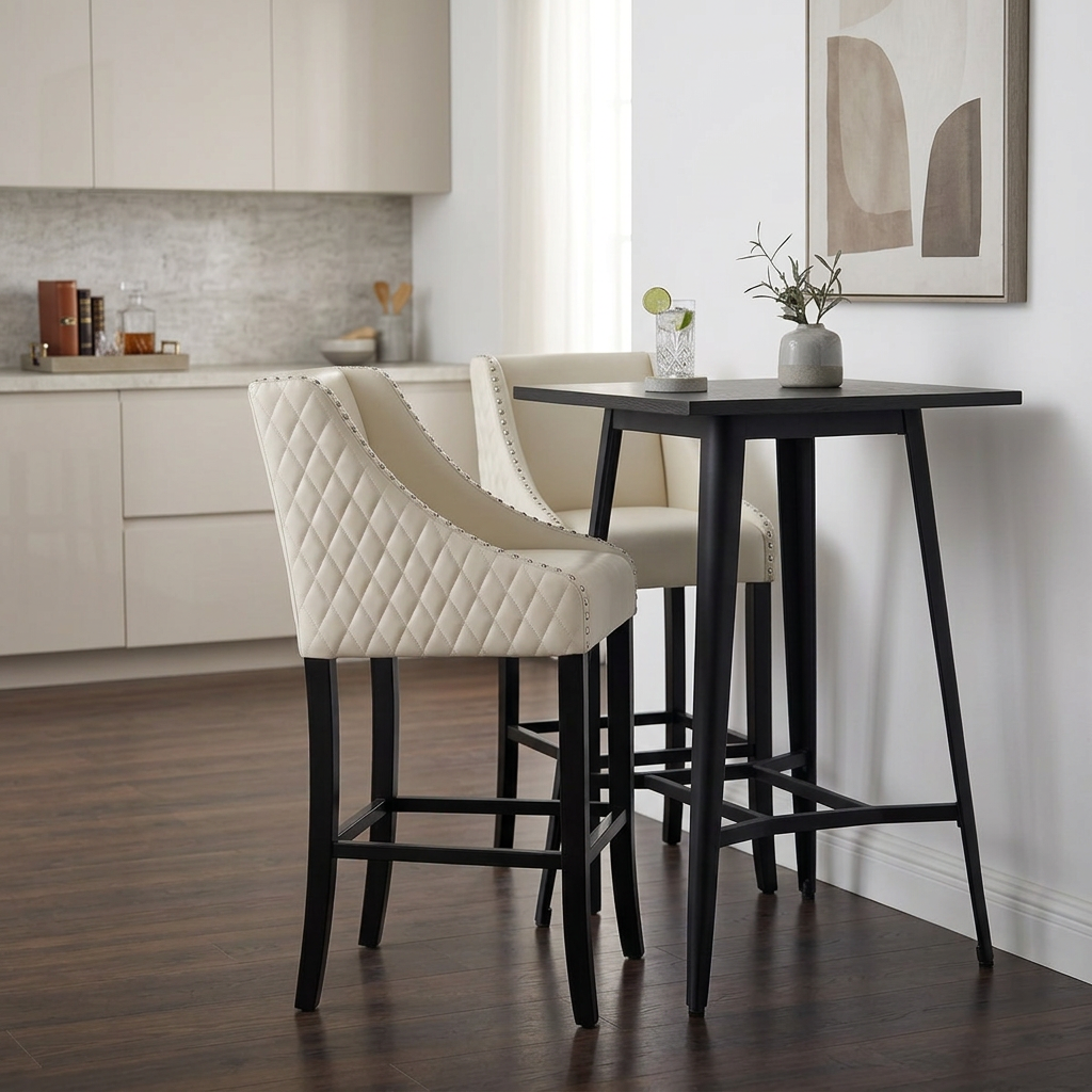 Two cream faux leather bar stools with black wood legs at a black bar table in a modern kitchen