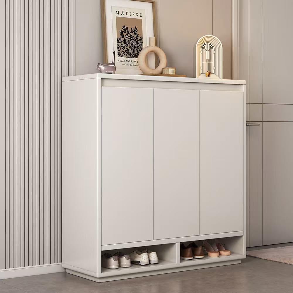 Shoe Storage Cabinet, 90 cm Wide, 3 Doors with Open Shelf, White, Minimalist Entryway Organizer, White Multi Market World Inc.
