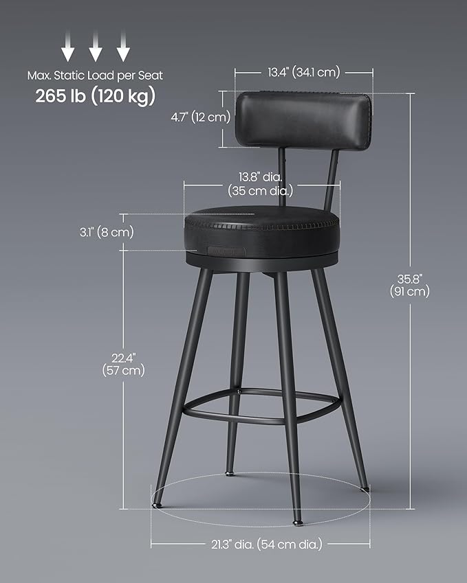 Set of 2 Swivel Counter Height Bar Stools – 25.6" Tall Mid-Century Modern Bar Chairs with Backrest, Synthetic Leather Upholstery Multi Market World Inc.