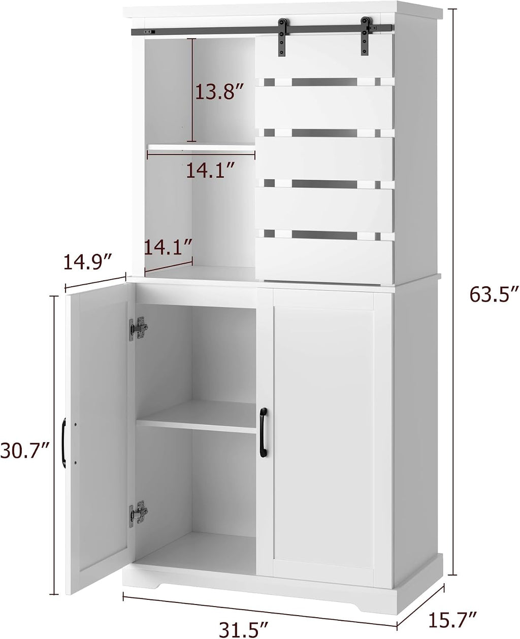 63.5" White Kitchen Pantry Cabinet with Sliding Barn Door Multi Market World Inc.