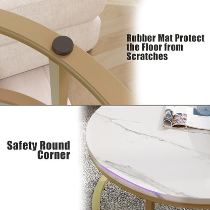 Round Coffee Table Set of 2, Stacking Modern End Table Center Table with Gold Metal Frame and Faux Marble Top