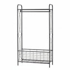 Black metal clothes rack with a top hanging bar, decorative scrollwork on the side panels, and a lower wire storage basket, shown on a plain white background.