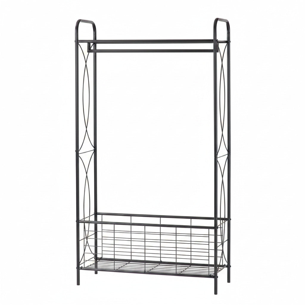 Black metal clothes rack with a top hanging bar, decorative scrollwork on the side panels, and a lower wire storage basket, shown on a plain white background.