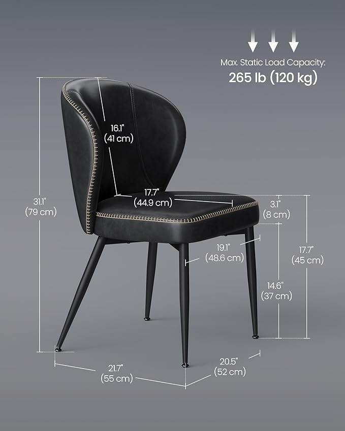 Set of 2 Upholstered Dining Chairs – Mid-Century Modern Accent Kitchen Chairs with Padded Seat, Solid Back, Synthetic Leather Upholstery, Steel Legs, Easy Assembly