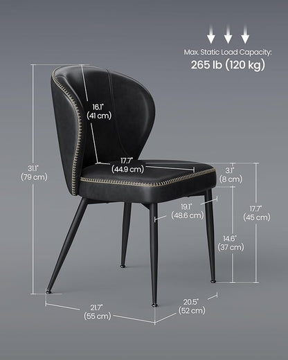 Set of 2 Upholstered Dining Chairs – Mid-Century Modern Accent Kitchen Chairs with Padded Seat, Solid Back, Synthetic Leather Upholstery, Steel Legs, Easy Assembly