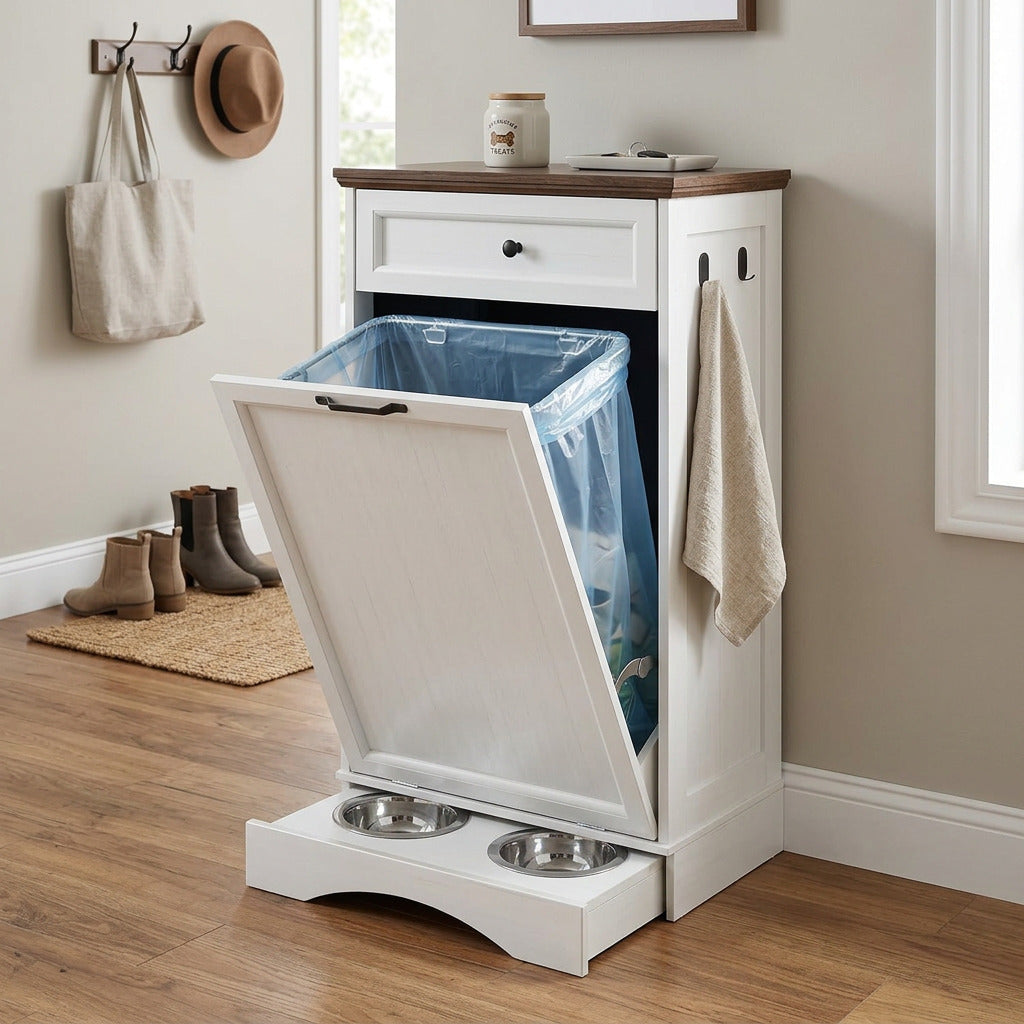 White tilt-out trash cabinet open with trash bag, pull-out pet bowl tray and towel on side hook in an entryway